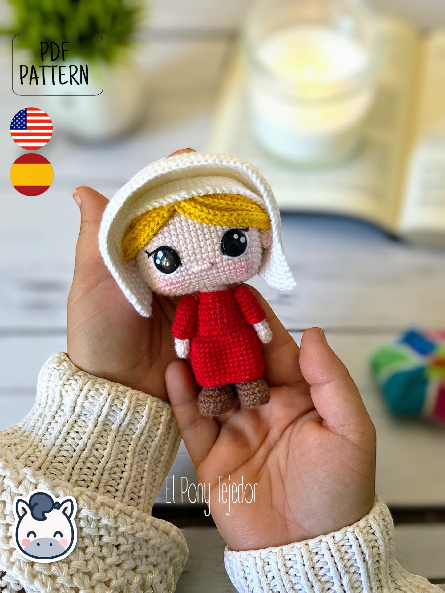 Handmade June Offred amigurumi inspired by Hulu’s The Handmaid’s Tale, a geeky and feminist crochet pattern PDF perfect for fans of dystopian stories, Margaret Atwood, and collectible plush dolls.
