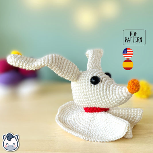 Handmade Zero ghost dog amigurumi inspired by Tim Burton’s The Nightmare Before Christmas, spooky cute Halloween crochet pattern PDF.