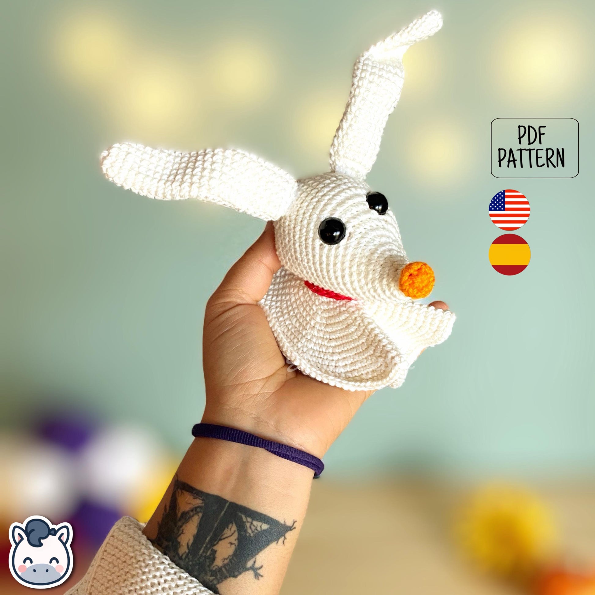 Handmade Zero ghost dog amigurumi inspired by Tim Burton’s The Nightmare Before Christmas, spooky cute Halloween crochet pattern PDF.