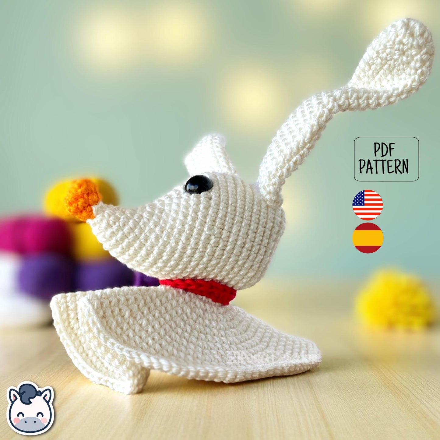 Handmade Zero ghost dog amigurumi inspired by Tim Burton’s The Nightmare Before Christmas, spooky cute Halloween crochet pattern PDF.