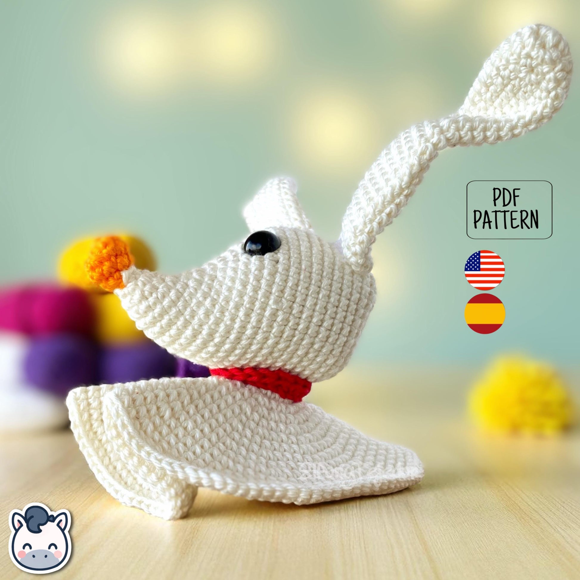 Handmade Zero ghost dog amigurumi inspired by Tim Burton’s The Nightmare Before Christmas, spooky cute Halloween crochet pattern PDF.