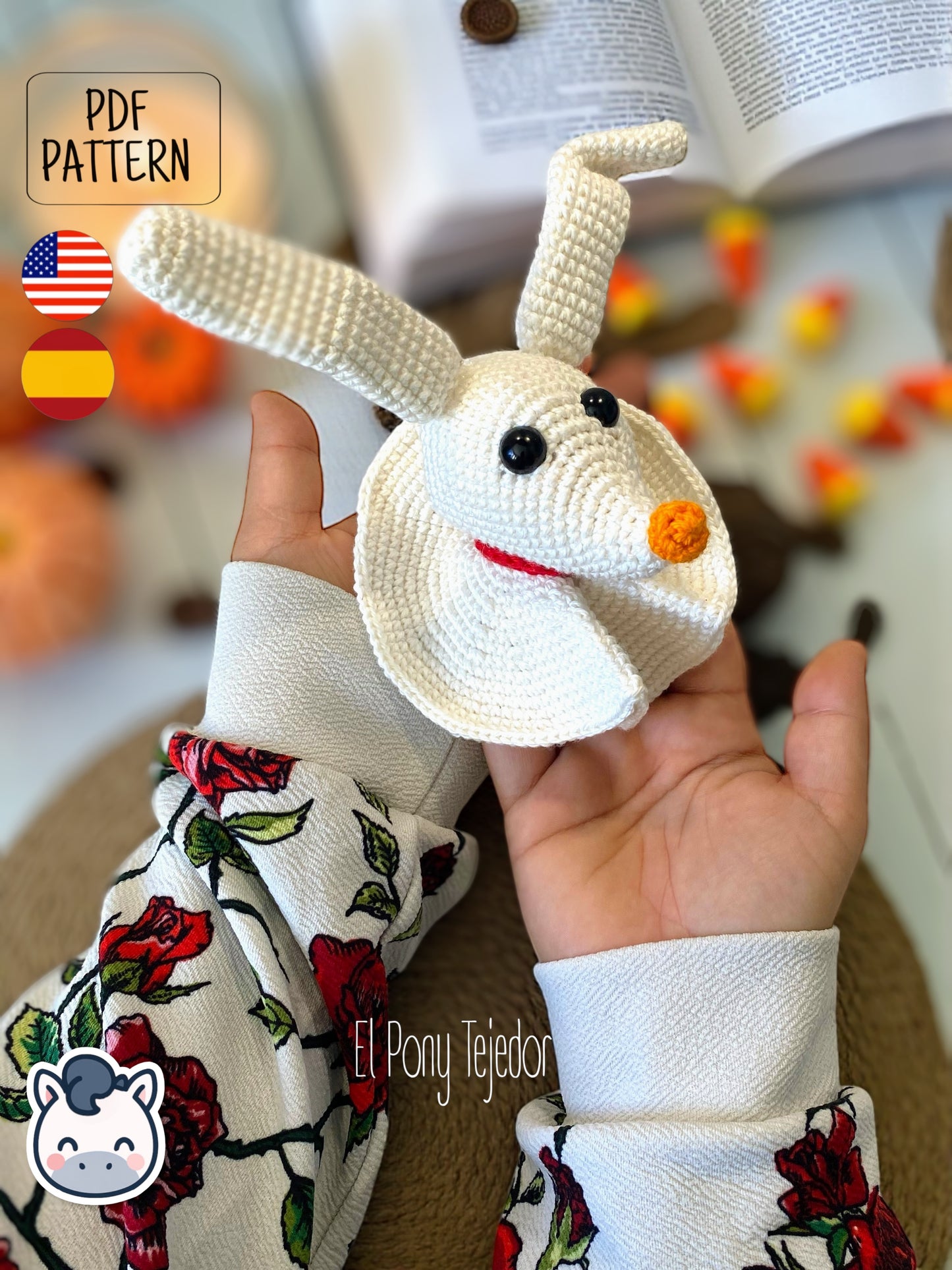 Handmade Zero ghost dog amigurumi inspired by Tim Burton’s The Nightmare Before Christmas, spooky cute Halloween crochet pattern PDF.