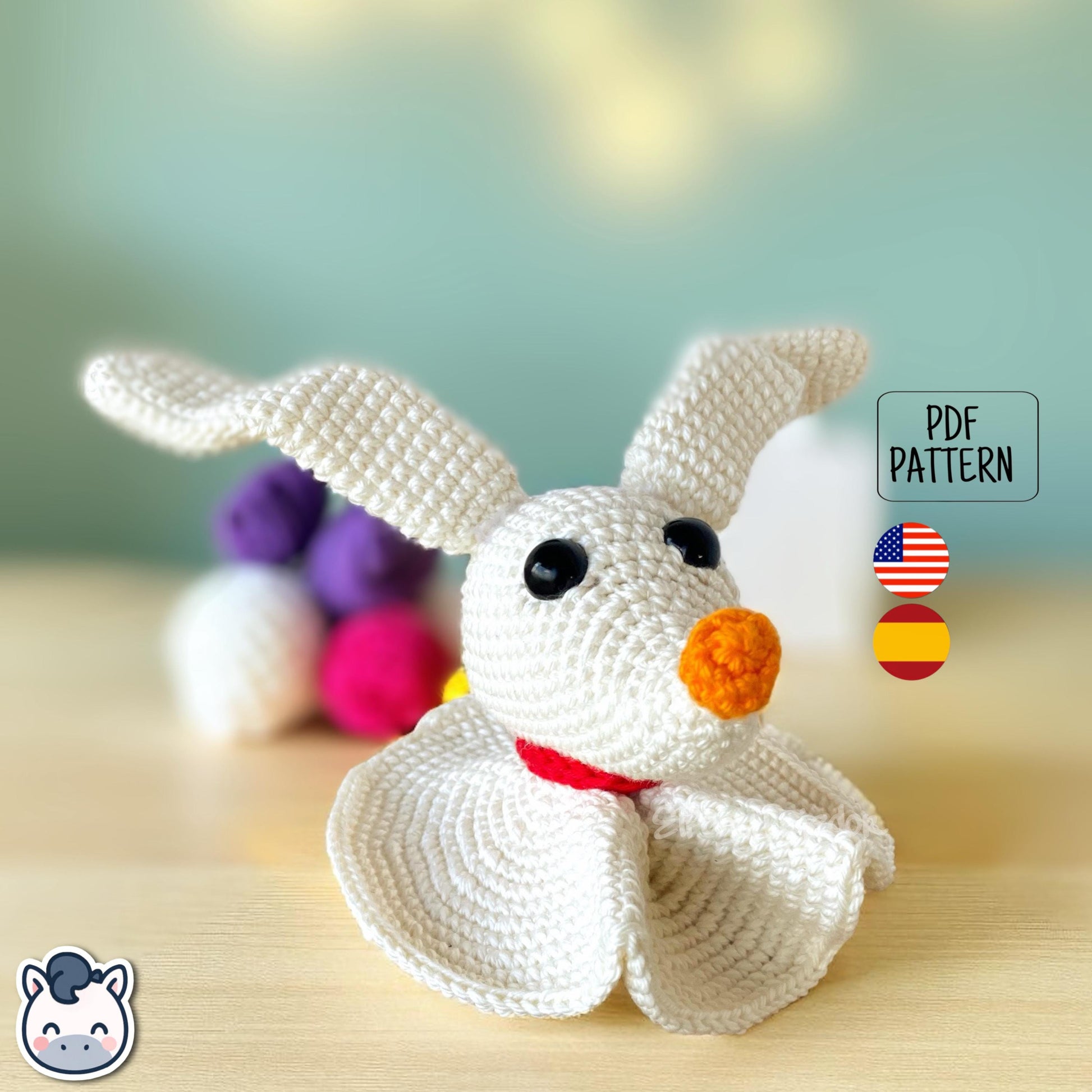 Handmade Zero ghost dog amigurumi inspired by Tim Burton’s The Nightmare Before Christmas, spooky cute Halloween crochet pattern PDF.