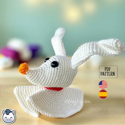 Handmade Zero ghost dog amigurumi inspired by Tim Burton’s The Nightmare Before Christmas, spooky cute Halloween crochet pattern PDF.