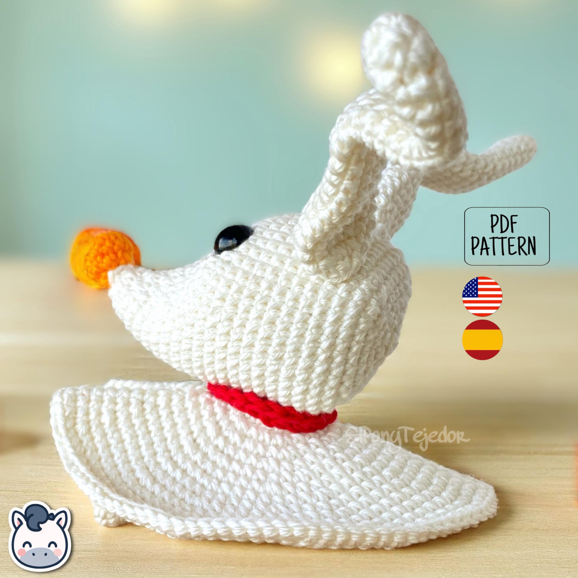 Handmade Zero ghost dog amigurumi inspired by Tim Burton’s The Nightmare Before Christmas, spooky cute Halloween crochet pattern PDF.